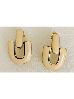 Vintage Trifari Door Knocker Earrings Cream Enamel Goldtone Signed Clip